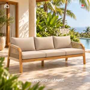 Luxury Teak Wood <b>Outdoor</b> Patio <b>Sofa</b> 3 Seater with Woven Rope Arms and <b>Cushions</b> for Garden Poolside Resort - Product Image 1