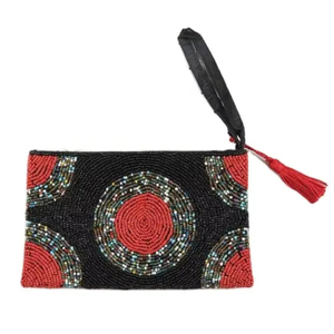 Handmade Beaded Wristlet Pouch Geometric Circle Seed Bead Coin Purse Glass Bead Zipper <b>Wallet</b> With Tassel Black Red Clutch Purse - Product Image 1