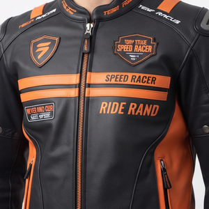 Blouson de moto unisexe en cuir à manches longues orange et noir, coupe-vent toutes saisons, veste de course, manteau de motard unisexe - Product Image 4