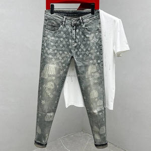 Jeans pour hommes à boutons décoratifs, patchwork, coupe slim, imprimé léopard délavé, broderie, jeans hip-hop pour hommes, pantalon en stock - Product Image 6