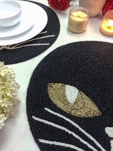 Round Beaded Embroidery Placemat Artistic Handmade Table <b>Mat</b> <b>Cat</b> Face Design for Wedding Home Dining - Product Image 6