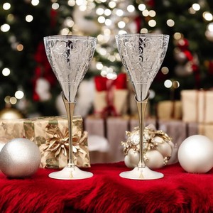 Handmade Brass Goblet Set Embossed Design Flute Shape Elegant Cocktail Glass for Wedding 2 Pieces Red Velvet <b>Box</b> - Product Image 3
