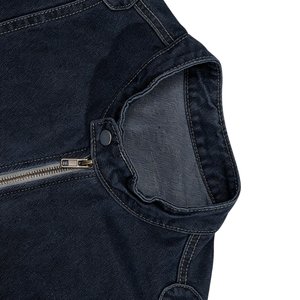 Veste en jean pour homme 100 % coton, délavage foncé, col montant, fermeture éclair sur le devant, coupe droite, décontractée, style motard, manches longues, respirante, séchage rapide - Product Image 3