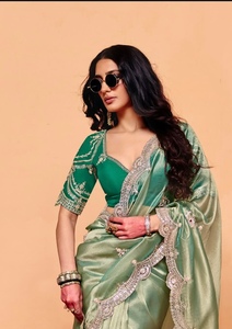 Designer Party Wear Multi Sequence And Thread Embroidery Work Moss Chiffon Saree Paired With Banglori <b>Silk</b> Embroidered Blouse - Product Image 3