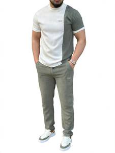 ONETEN APPAREL Ensemble de t-shirts à col rond pour homme, couleur contrastée, hiver, avec pantalon rayé, tenue décontractée en deux pièces - Product Image 6