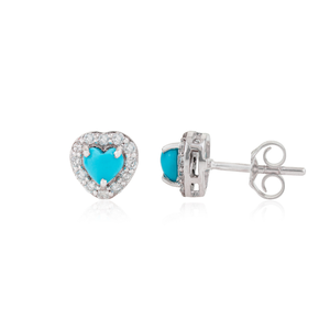 Pendientes de Oro Blanco K14 con Turquesa de Corte Cabujón Minimalista y Diamantes en Forma de Corazón con Halo, Regalo de San Valentín, Joyería al por Mayor - Product Image 3