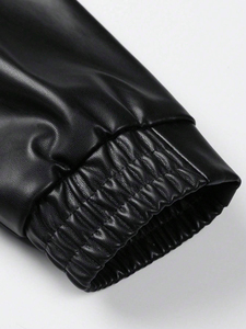 Veste en cuir PU noire pour homme, fermeture éclair sur le devant, col rabattable, coupe classique, vêtement d'automne, couleur unie - Product Image 5
