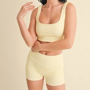 Yellow Plaid 2-Piece <b>Set</b> <b>Square</b> Neck Crop Top High Elastic Waist Shorts Spaghetti Strap Breathable Spandex/Polyester Yoga Wear - Product Image 1