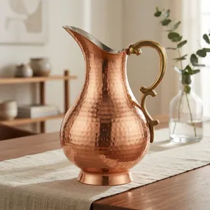 Carafe à eau en cuivre de couleur laiton antique martelé de luxe, pichet en métal gravé à la main, vaisselle, décoration d'intérieur, ustensiles de cuisine, restaurant - Product Image 3