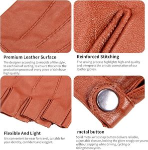 <b>Leather</b> <b>Fingerless</b> driving <b>Gloves</b> Wrist Length Unlined Plain Style Breathable Daily Use Spring Autumn - Product Image 6