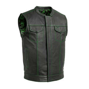 Gilet de moto en cuir véritable de qualité supérieure pour hommes, noir et vert, veste sans manches pour motards avec un design minimaliste et des coutures robustes - Product Image 1
