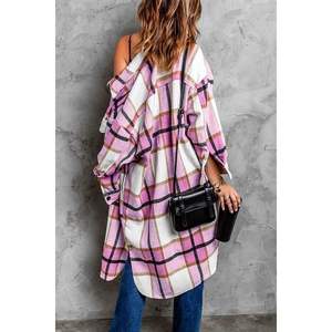 Custom 2025 Fall Winter <b>Jackets</b> for <b>Women</b> Plaid <b>Flannel</b> Shacket Button Long Sleeve Patchwork Decoration Fashion Clothing - Product Image 1