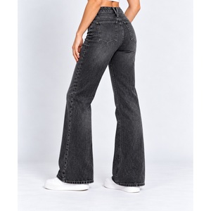 Jeans de mezclilla de cintura alta para mujer, de pierna recta, con túnel frontal ancho para cinturón, lavado negro - Product Image 2