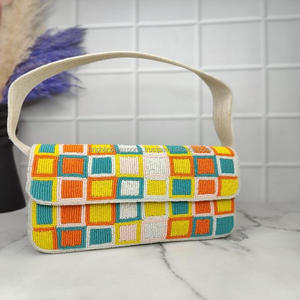 Beaded Flap <b>Handbag</b> With Embroidered Beach Square Pattern Casual Shoulder Bag Handmade Daily And Party Use - Product Image 1