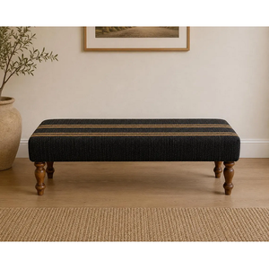 Farmhouse Black Upholstered <b>Wooden</b> Bench <b>Wool</b> Jute Handmade Bedroom End of Bed Entryway Ottoman Rustic Accent Seating Bench - Product Image 1