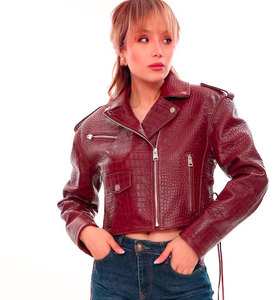 Chaqueta de Motociclista de Cuero con Estampado de Cocodrilo Borgoña para Mujer, Cuello Alto, Manga Larga, Cierre de Cremallera, Estilo Corto para Invierno - Product Image 2