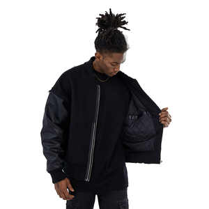 Blouson bomber noir pour homme, manches en cuir, fermeture éclair, style streetwear, vêtement d'automne, coupe classique, couleur unie, col rabattu - Product Image 5