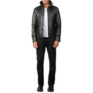 Veste d'hiver en cuir véritable pour homme noir avec col boutonné à col rond, doublure matelassée, tissu imperméable et coupe-vent en toile - Product Image 1