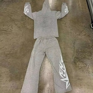 Gray Hooded Tracksuit Set Full Sleeve <b>Sweatshirt</b> Jogger Pants Solid Color Casual Sportswear Breathable Cotton Two Piece Suit - Product Image 2