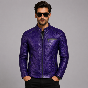 Purple Crocodile Embossed Leather Moto Jacket <b>Men</b> Slim Fit Stand Collar Zipper Closure Regular Sleeve Autumn Style - Product Image 4