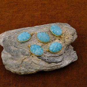 Conjunto de bisel tallado de flores de amazonita, colgantes elegantes hechos a mano, abalorios de latón de forma ovalada chapada en oro para la fabricación de joyas de moda - Product Image 5