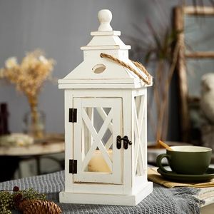 Farol de Madera Blanco Vintage, Portavelas Decorativo, Farol Rústico para Decoración del Hogar, Centro de Mesa para Bodas - Product Image 1