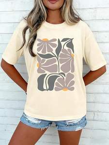 Vente d'usine OEM T-shirts amples pour femmes à motif de fleurs sauvages, col rond, manches courtes, décontractés, basiques, tuniques d'été - Product Image 2