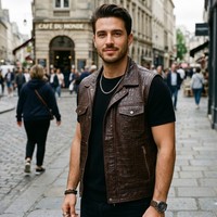 Gilet de moto en cuir véritable pour homme, coupe-vent et respirant, avec décoration vintage, fermeture éclair et col rabattable