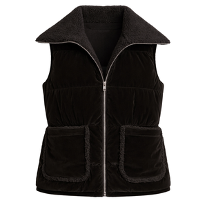 Gilet matelassé noir sans manches pour femme avec col en sherpa, fermeture éclair sur le devant, chaud et tendance, pour l'extérieur - Product Image 1