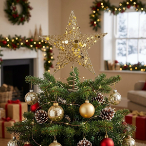 Décor de sommet d'arbre de Noël en forme d'étoile à paillettes avec sequins or, rouge, argent, étoile creuse à 5 branches - Product Image 6