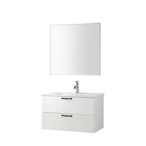 Mobile Bagno Moderno da Parete 31.5 Pollici con Doppio Cassetto, Specchio e Lavabo Integrato, Chiusura Ammortizzata, Stile Decorativo - Product Image 3