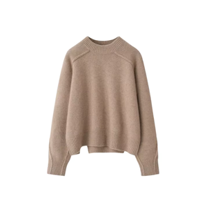 Women's Beige Wool Crew Neck Crop Sweater Full Sleeve Minimalist Knitted Pullover Anti-Pilling Autumn Wear - Product Image 1