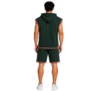 <b>Mens</b> Dark Green Dusty Rose Sleeveless Hooded Tracksuit <b>Set</b> Custom Logo Gym Fitness Training Sports <b>Hoodie</b> <b>And</b> <b>Shorts</b> Activewear - Product Image 2