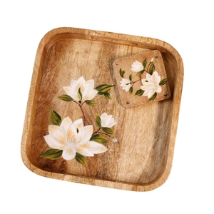 Plateau de service rond en bois artisanal avec bordure incrustée rayée – Plateau décoratif pour table et décoration de Noël - Product Image 5