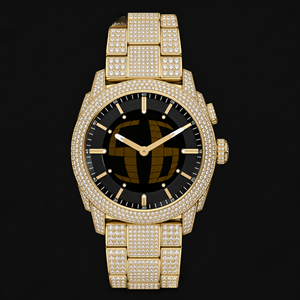 Gold Tone Crystal Stone <b>Black</b> Dial Round Face Fashion <b>Watch</b> With Geometric Center Design Sparkling Luxury Statement Timepiece - Product Image 1