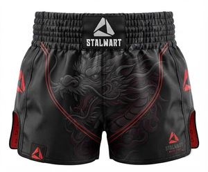 Shorts de Muay Thai Stalwart, design Dragon Noir, accents rouges, coton et polyester durables, séchage rapide, écologiques, toutes saisons - Product Image 1