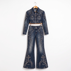 <b>Womens</b> Dark Blue Embroidered Denim Two Piece Set Cropped Jacket Flare <b>Jeans</b> <b>Vintage</b> Luxury Streetwear Wholesale Fashion - Product Image 5