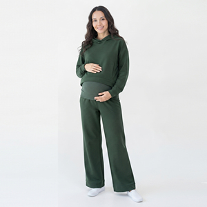 Survêtement de maternité pour femme, à capuche, longueur intégrale, 100 % coton, décontracté, coupe régulière, poches latérales, taille élastique, polaire, hiver, uni - Product Image 6