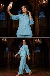 Conjunto de Camisa de Algodón Azul Claro y Pantalones Palazzo para Mujer, Estilo Étnico de India y Pakistán, Corte Regular, Largo hasta el Tobillo, para Todas las Temporadas - Product Image 4