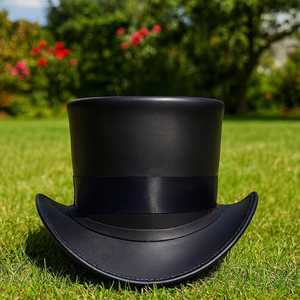 Premium quality custom Handmade Black Leather <b>Top</b> Hat with blue Lining Steampunk Gothic Cosplay - Product Image 4