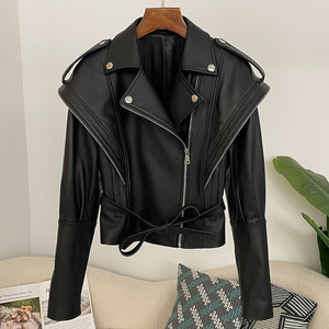Chaqueta de Moto Unisex de Cuero PU Negro con Cierre de Media Cremallera, Cuello en V, Corte Ajustado Regular, Forro de Fibra de Bambú, Estilo Vintage para Invierno - Product Image 1