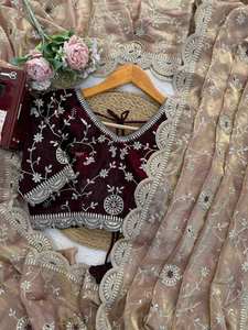 Elegante Saree de Seda Fandi con Bordado Intrincado de Hilo y Lentejuelas, de Secado Rápido, para Todas las Estaciones, Estilo Bollywood, Largo hasta el Suelo, para Bodas y Fiestas - Product Image 5