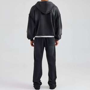 Custom Men Vintage Acid Wash Tracksuit Set Oversized <b>Zip</b> Up Hoodie Raw Hem Boxy Fit Wide Leg Sweatpants Streetwear 2 Piece Set - Product Image 4