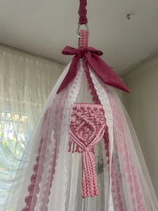 Pink Cotton Rope Luxurious Macramé <b>Swing</b> Bed Cushioned <b>Hammock</b> Seat Round Hanging Chair with Netting for Indoor Relaxation72x40" - Product Image 2