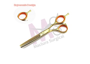 MACLURA SURGICAL High Quality Straight Sharp Stainless Steel Rubber <b>Barber</b> Scissors <b>Set</b> 2 Pieces Gold Color Thinning Scissors - Product Image 6