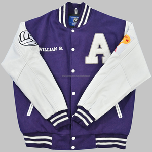 <b>Wool</b> Body and Genuine Cowhide Leather Sleeves Purple and <b>White</b> Letterman Varsity Jacket - Product Image 5