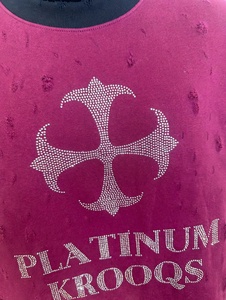 Custom Vintage <b>Mens</b> Distressed Magenta <b>Long</b> Sleeve <b>T</b> <b>Shirt</b> Rhinestone Cross Graphic Leather Sleeve Double Layer Crewneck - Product Image 4