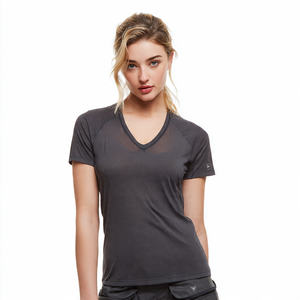 Camiseta de malla con cuello en V y cremallera para mujer, de manga corta, 100% poliéster, que absorbe la humedad - Product Image 4