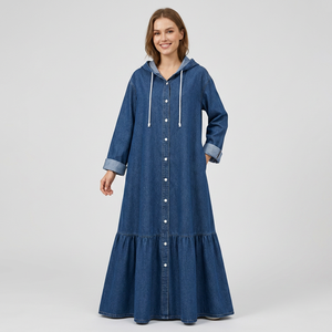 Robe longue en jean de coton à capuche, manches longues, ourlet évasé, coupe ample, décontractée pour femme, couleur unie, respirante, toutes saisons - Product Image 1