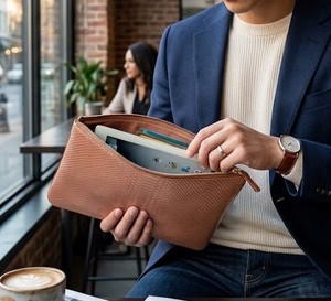 [Hot Pick] Top Quality Castello Cowhide Snake printed Leather Tablet Utility <b>Zipped</b> <b>Pouch</b> Case Unisex Black Brown - Product Image 6